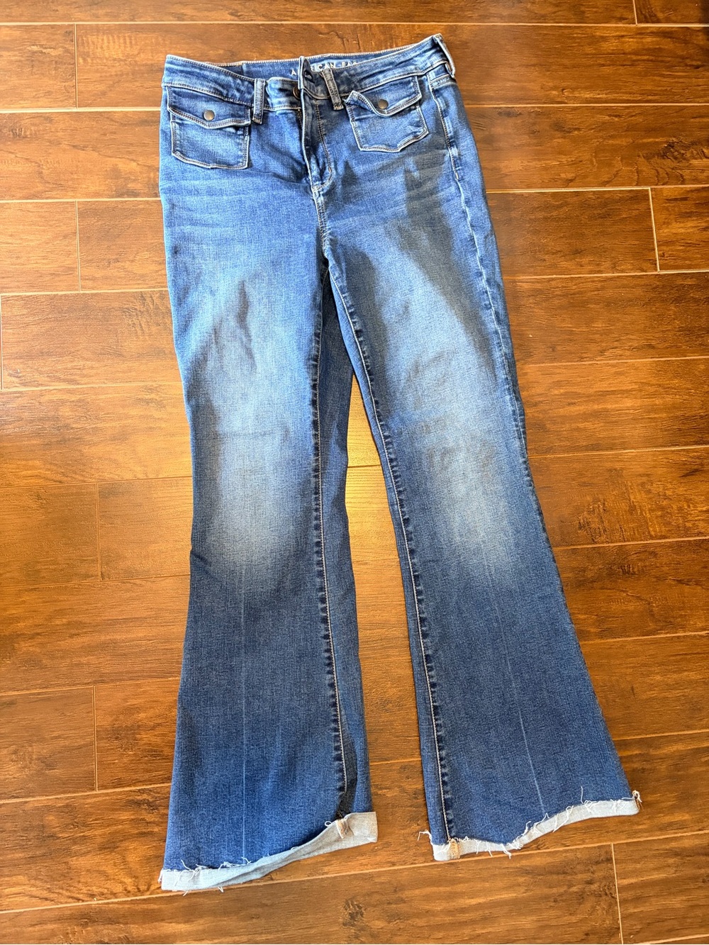 American Eagle Outfitters Blue Flare Jeans with Raw Hem